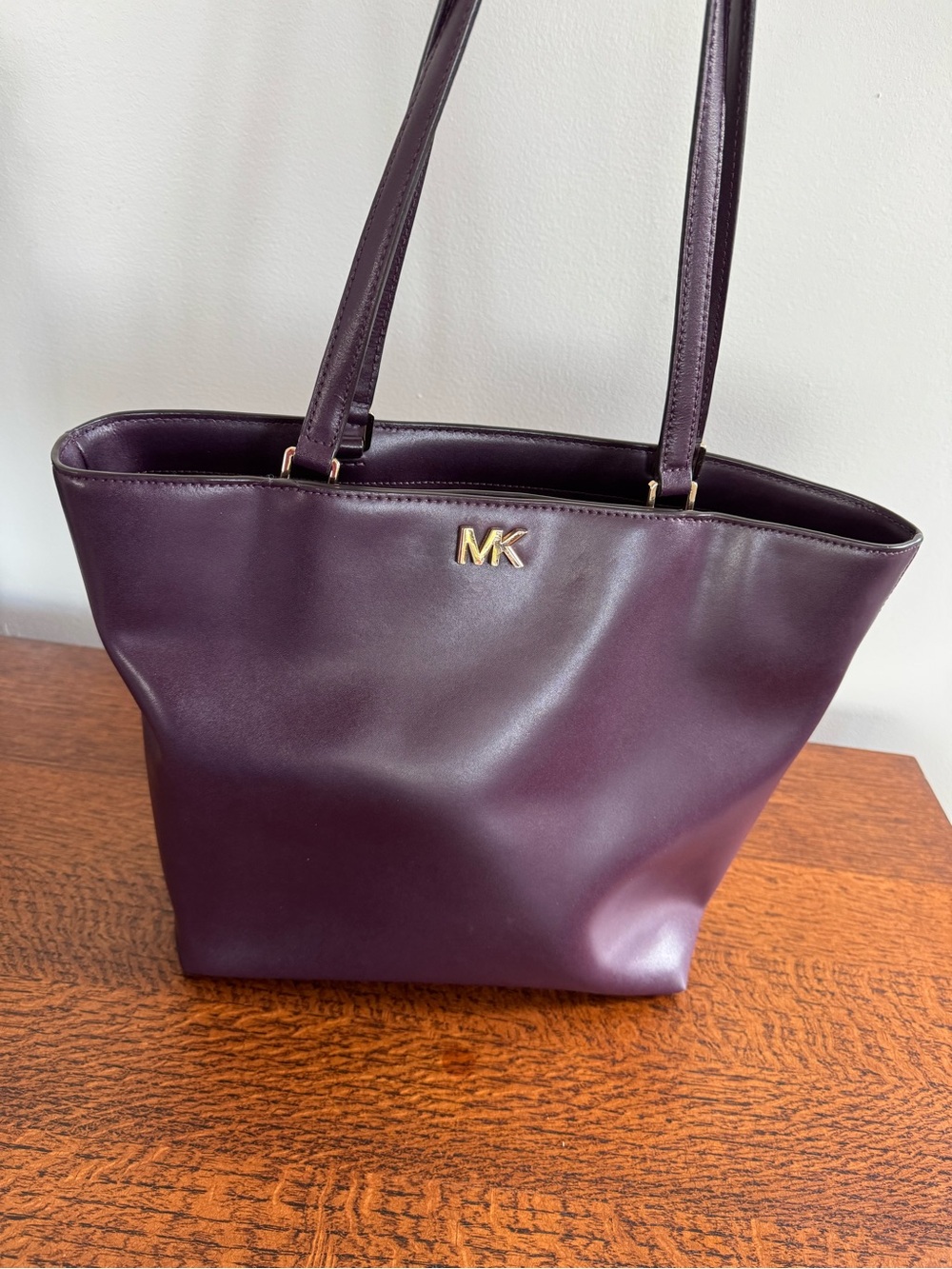 Michael Kors Mott Leather Tote with Gold MK Logo - Eggplant
